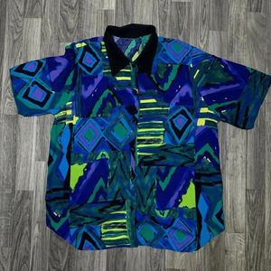 Vintage 80s Caliche Collection Colorful Blue Green Neon Button Down Shirt AS IS
